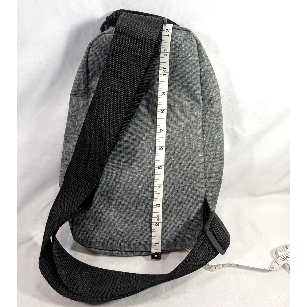 Gray Sling Bag; Adjustable Strap, Zip Pockets, Heathered Tech